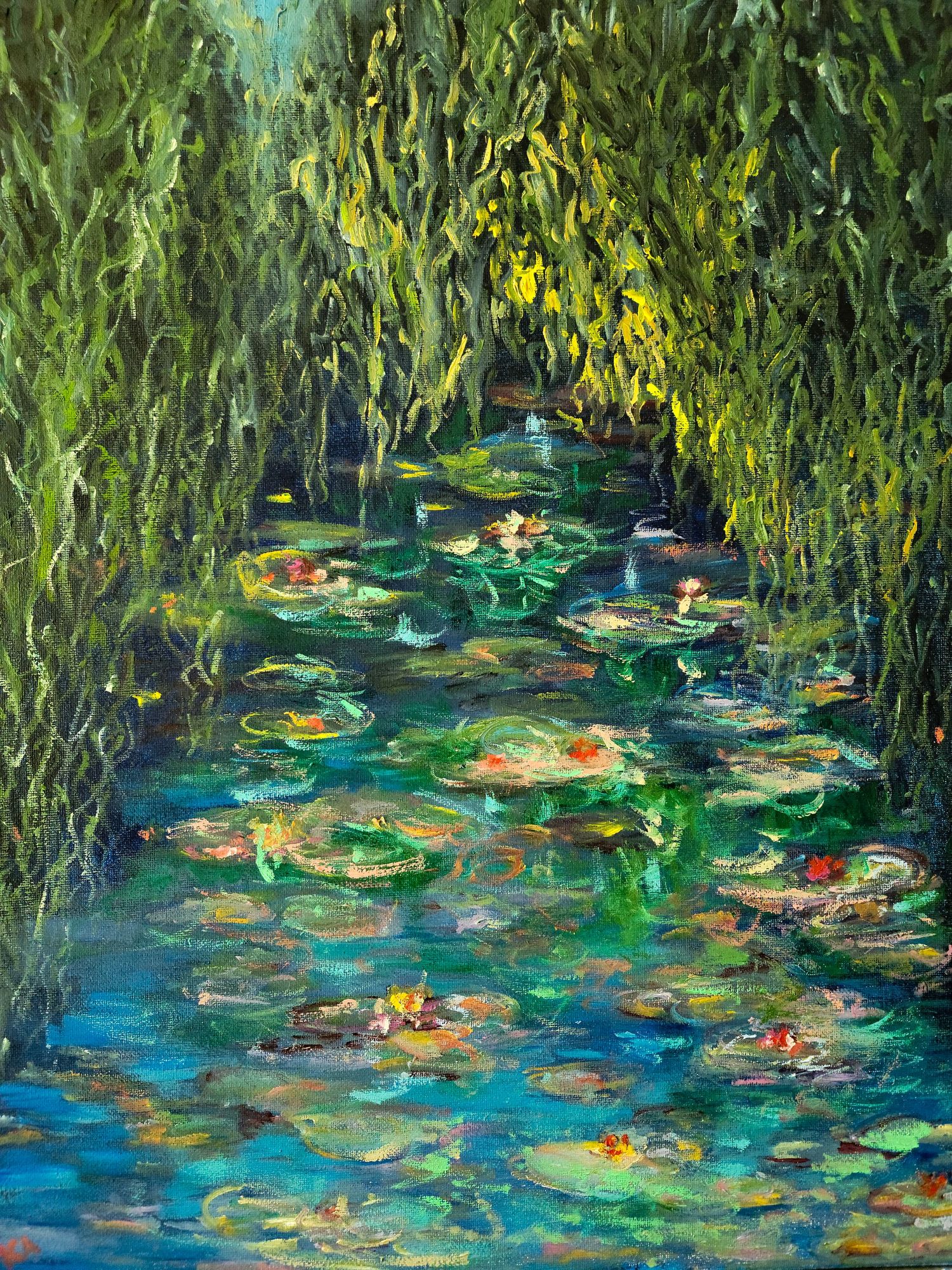 Impressionist painting of water lilies floating on a pond with hanging willow branches and reflections.