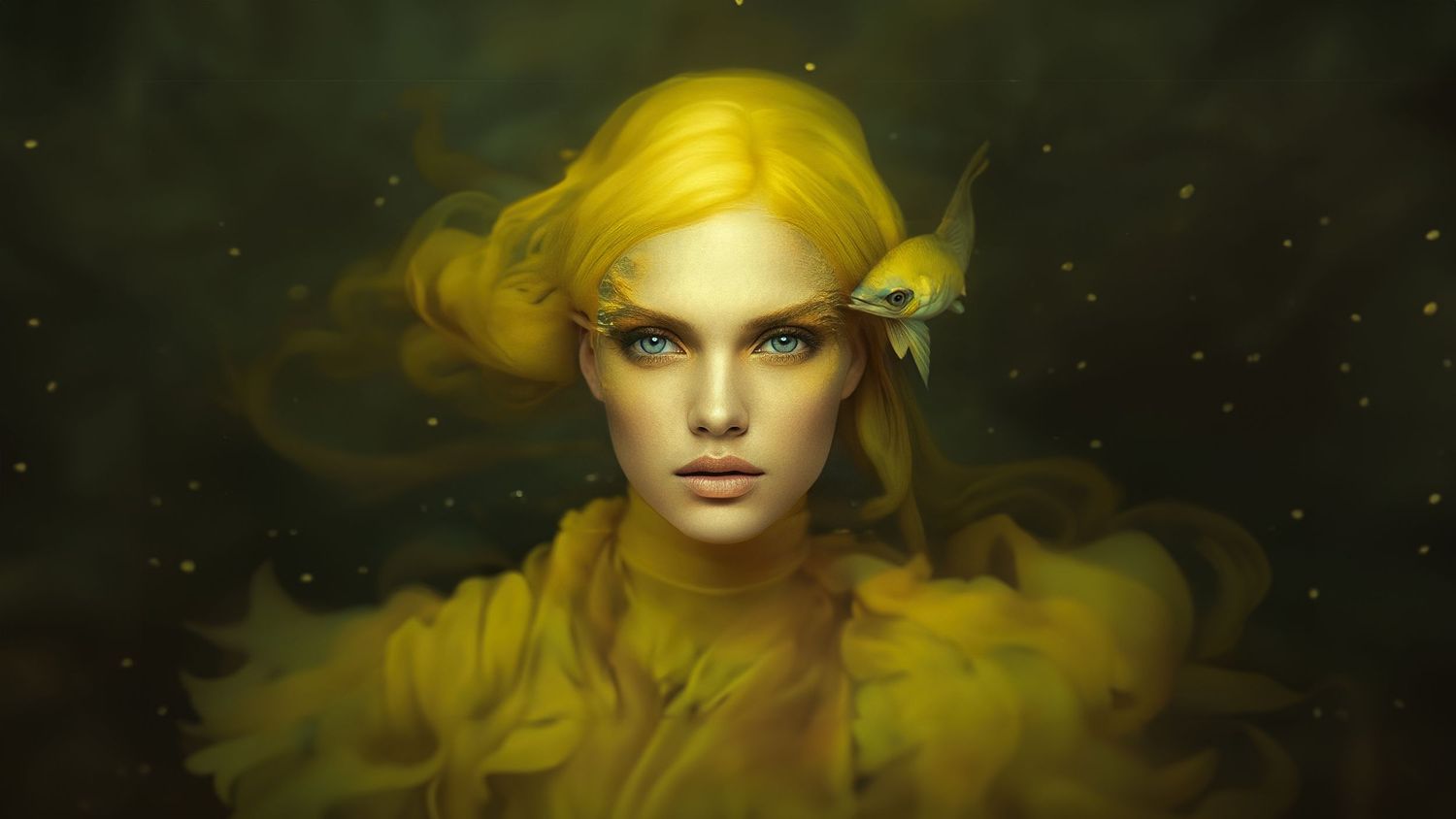 Ethereal fantasy portrait with glowing yellow hair and dreamy atmosphere.