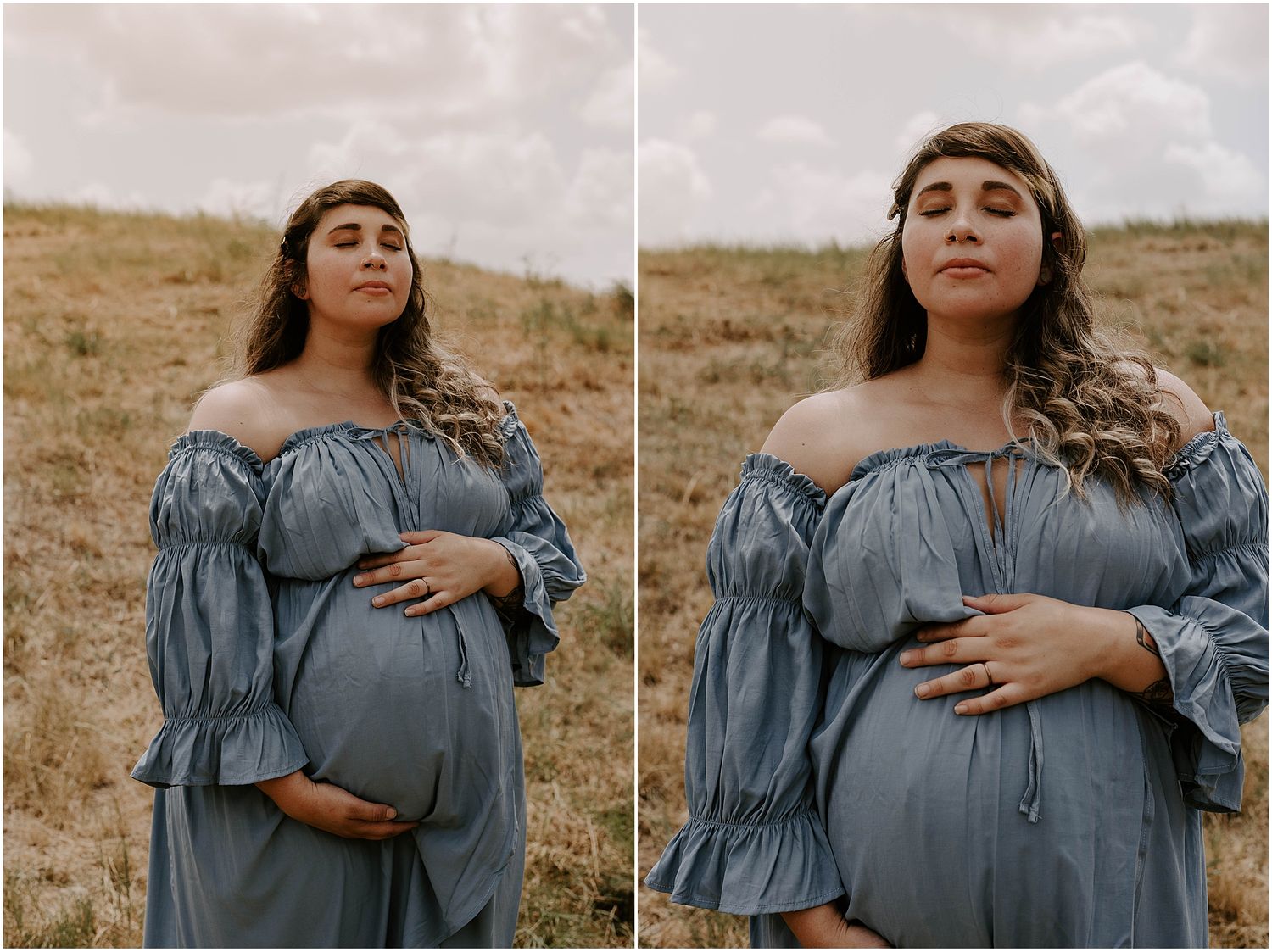 Side-by-side maternity portraits showing expectant mother in flowing blue dress on hillside.