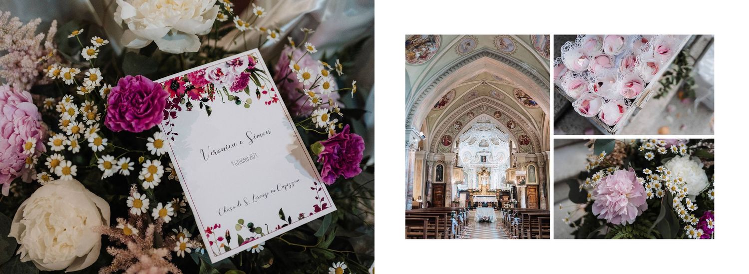 Wedding details collage featuring floral program, flower-adorned church interior with pink hydrangeas and daisy arrangements.