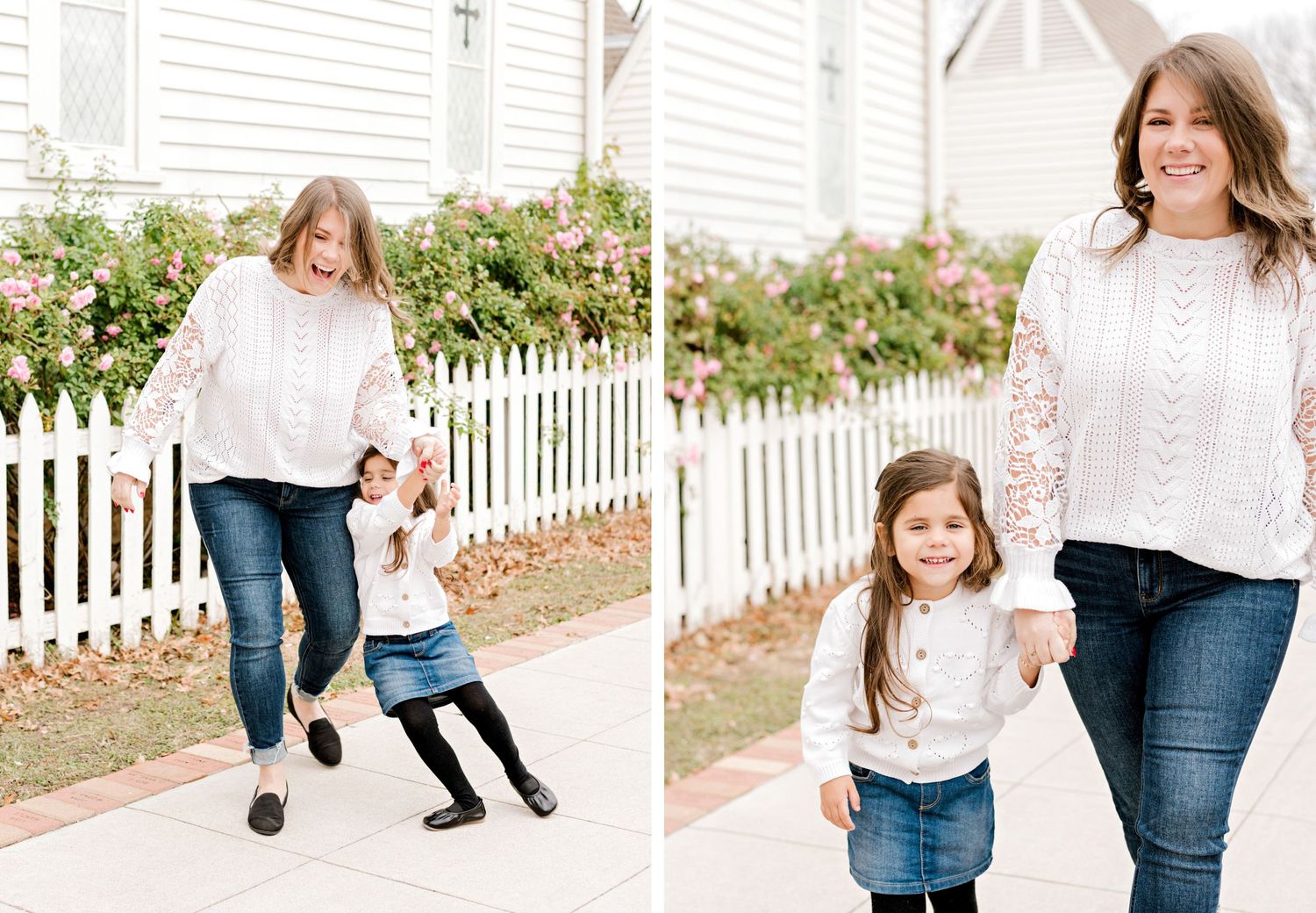 Mother and daughter dance together on sidewalk by white picket fence and rose garden.