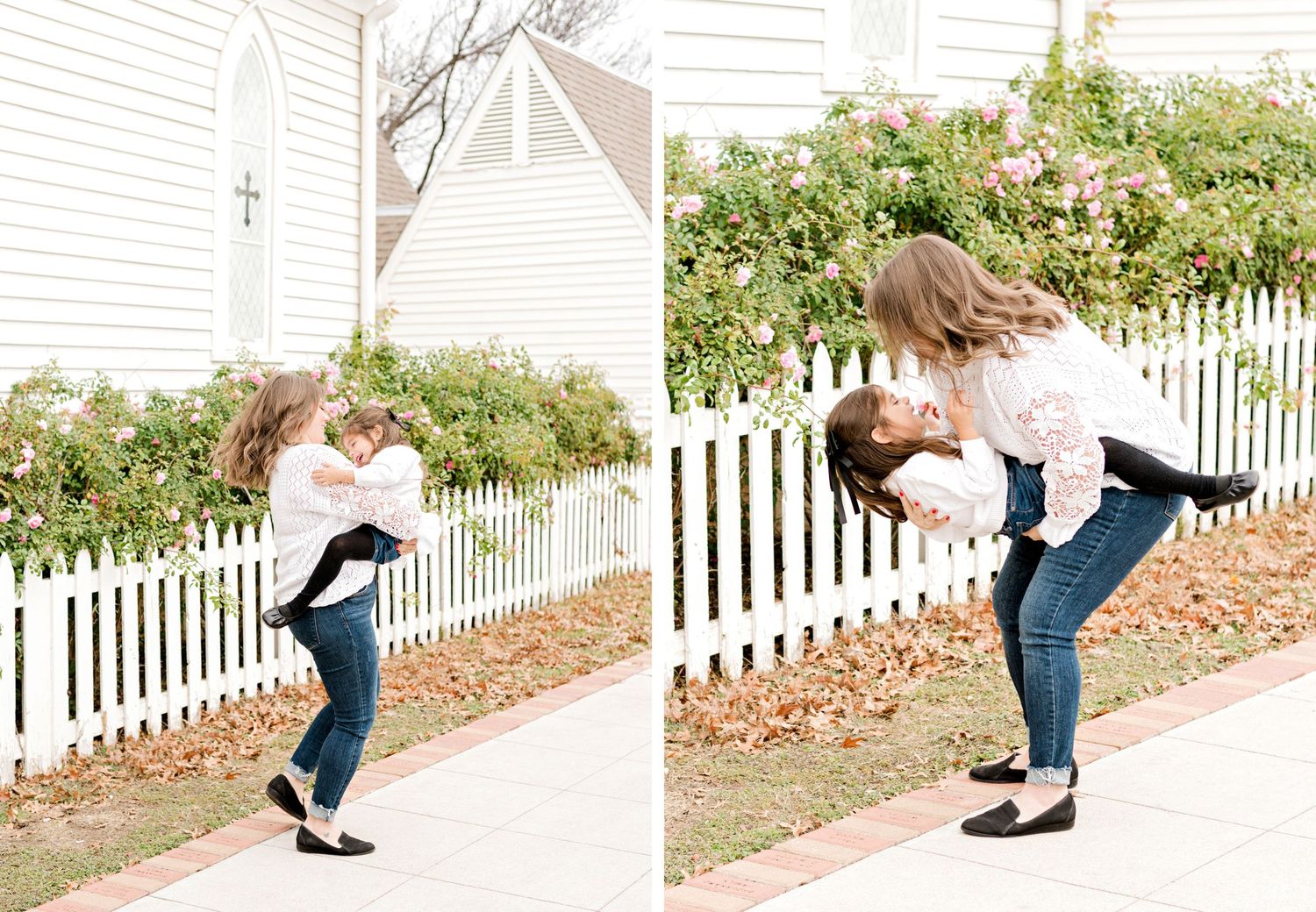 Playful outdoor moments captured beside rose bushes and a white picket fence.
