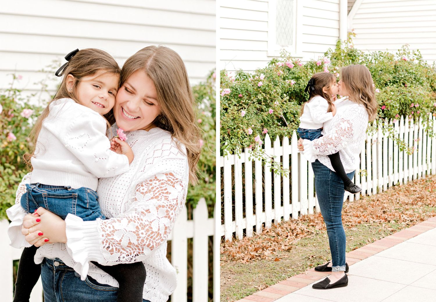 Sweet embraces captured in front of blooming rose bushes and a classic white picket fence.