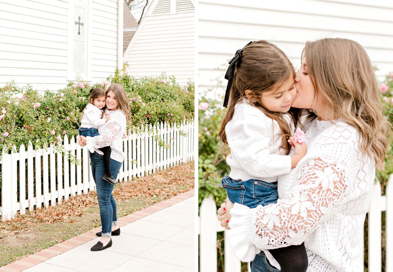 Candid moments of affection captured beside a white church and blooming rose garden.