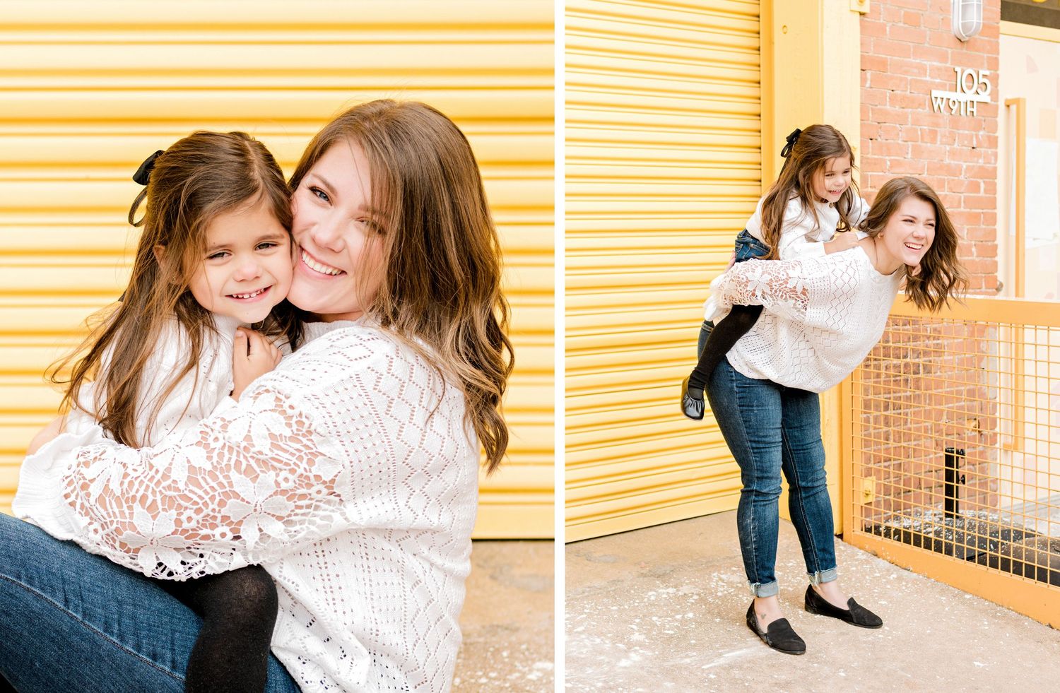 Playful candid moments captured against yellow wall and brick background.