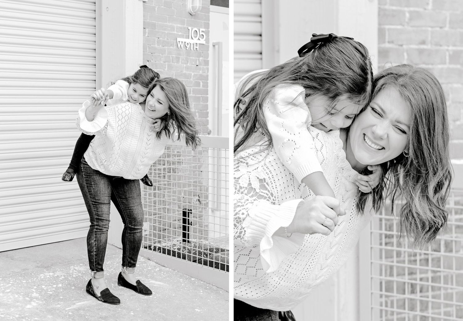 Black and white diptych showing playful candid moments and laughter.