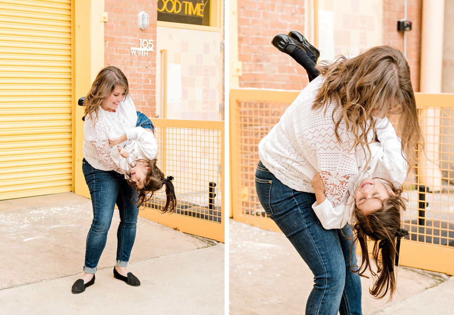 Playful twirling and lifting moments captured in urban setting.