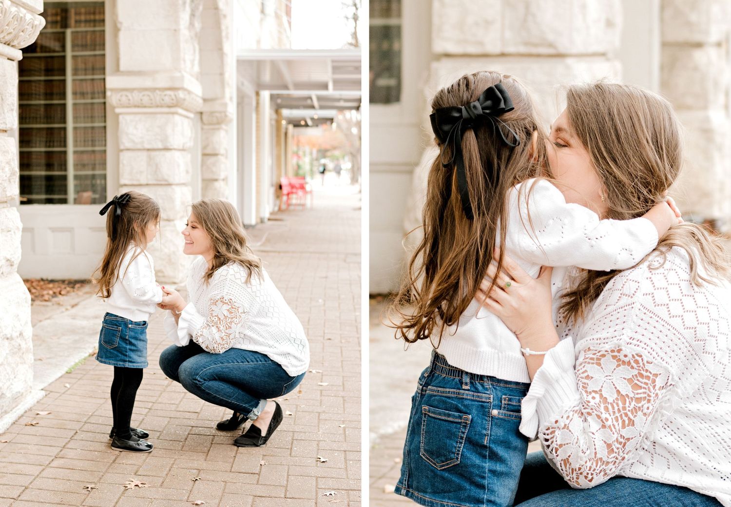 Sweet candid moments shared in architectural colonnade setting.