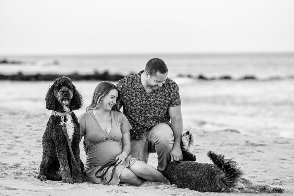 A couple relaxes on the beach sand with their dogs during a maternity photoshoot.