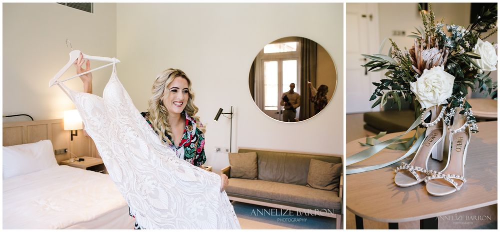 Bride getting her dress and photo of her shoes and bouquet