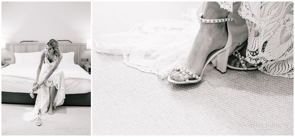 Bride putting on her shoes for her COMO the Treasury wedding