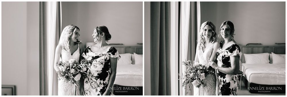 Bride and mother laughing and portrait