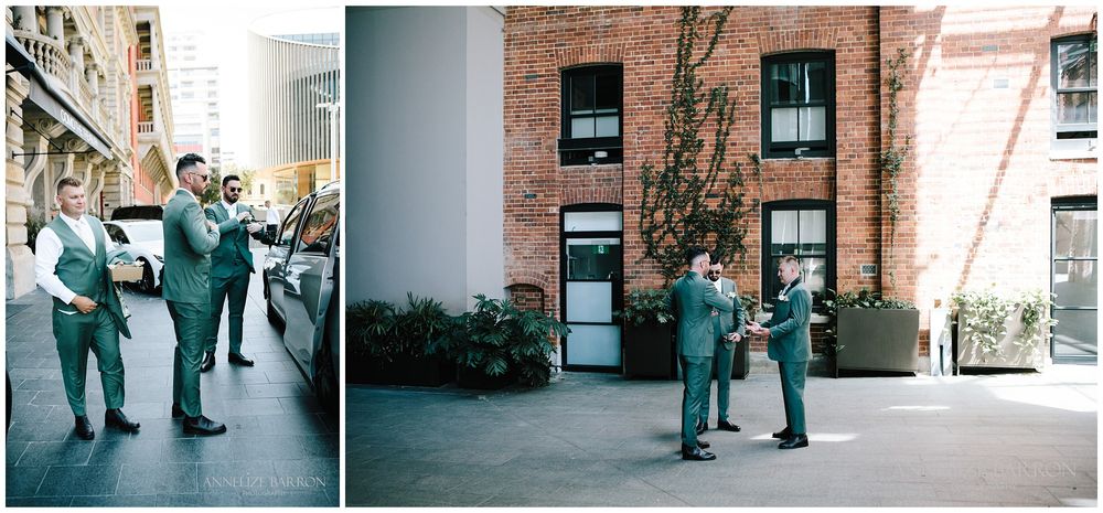 Groom and groomsmen heading to COMO the Treasury for the first look
