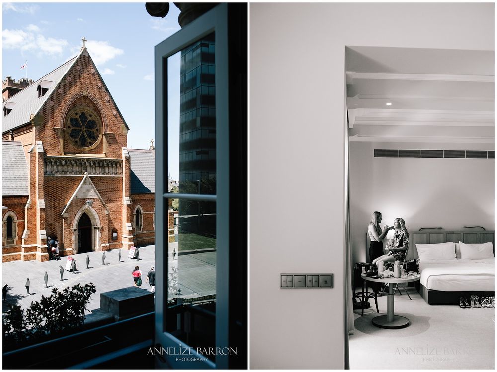 view out the window at Como the treasury and the bride getting her makeup done