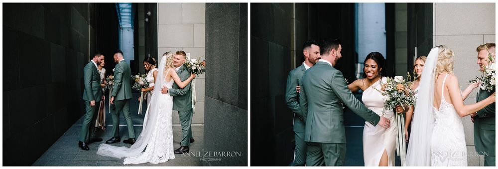 Bridal party greeting the bride and groom