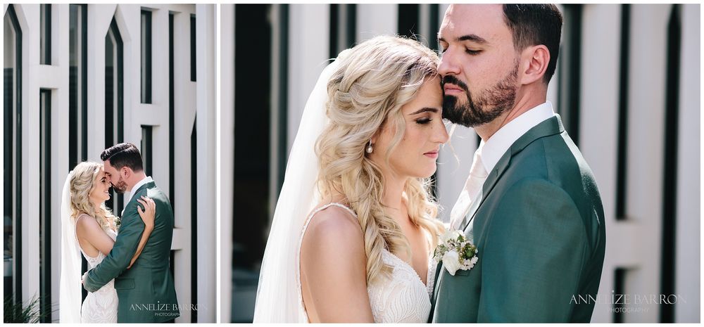 Bride and groom portraits in front of The Burt Memorial Hall
