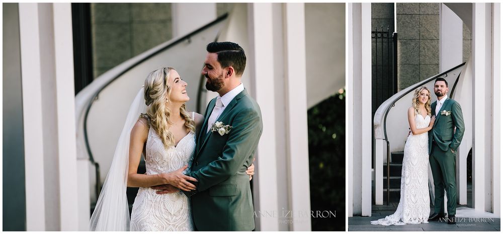 Bride and groom portraits in front of The Burt Memorial Hall
