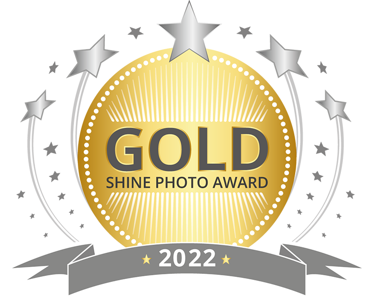 Gold award badge with stars and ribbons for Shine Photo Award 2022.