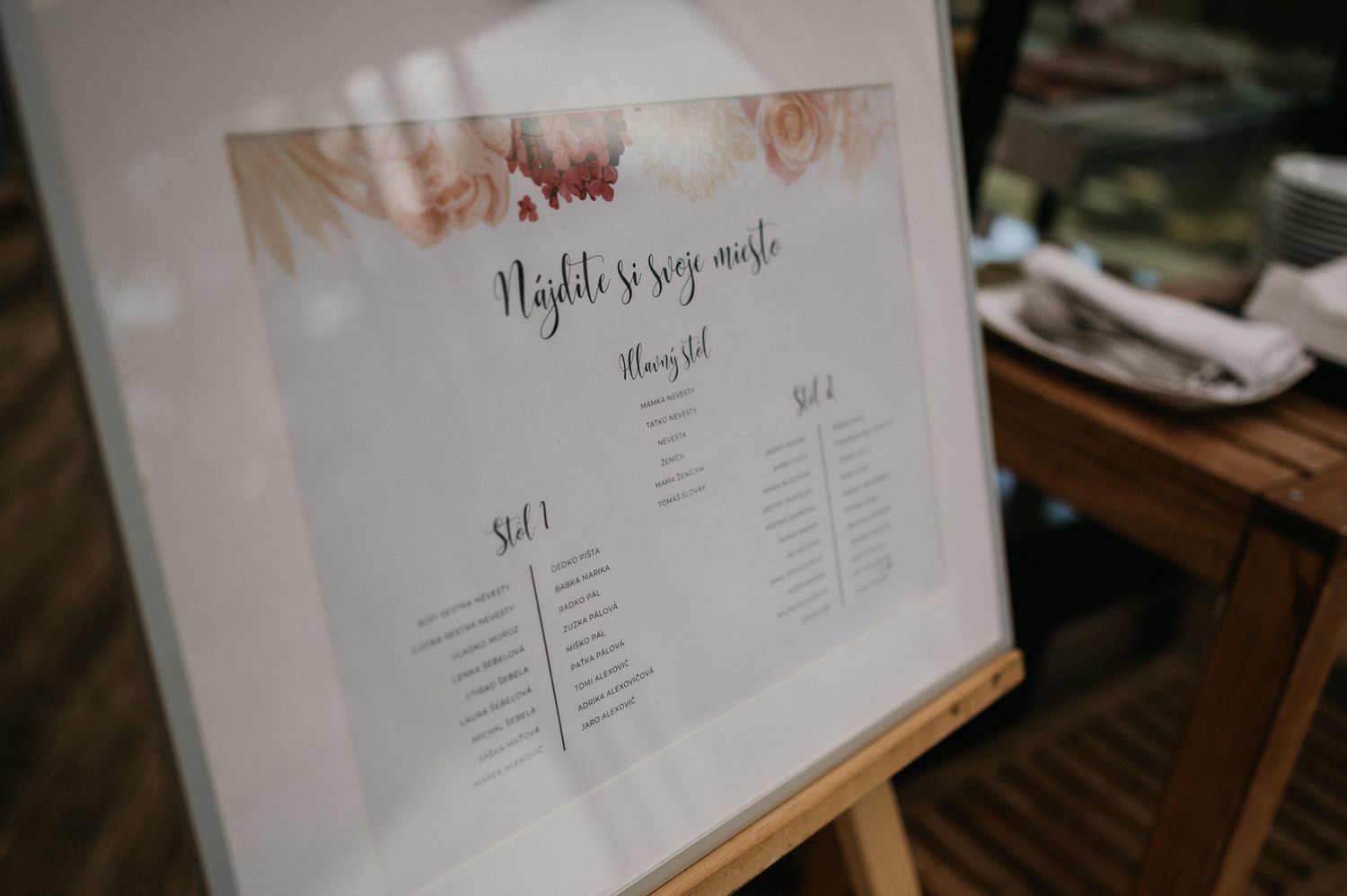 An elegant wedding seating chart display on an easel with floral decorative elements.