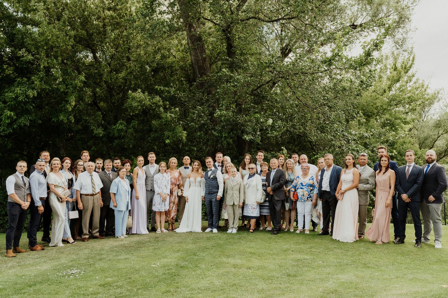 Large wedding party group photo with guests lined up on grassy lawn under trees.