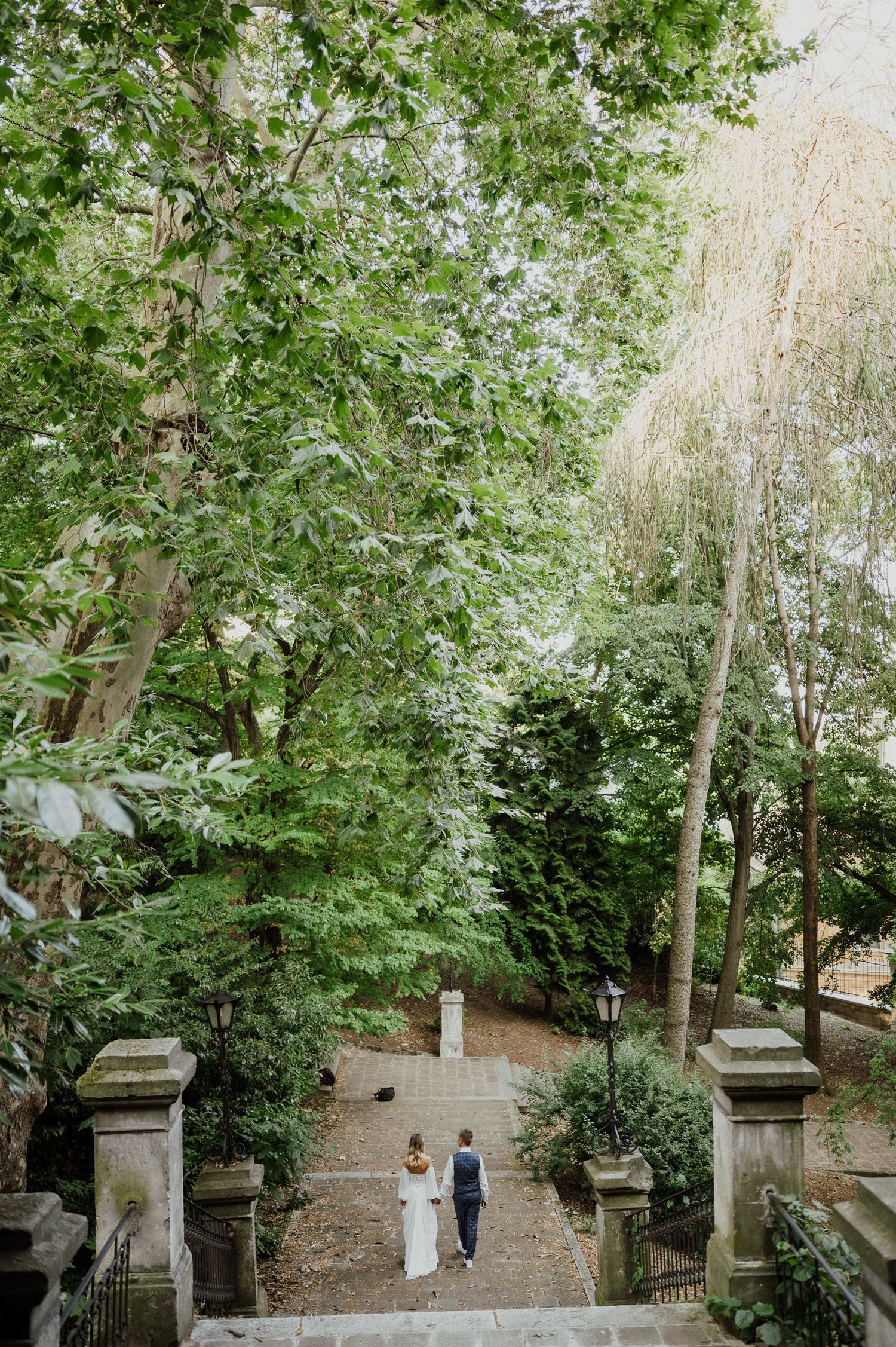 Bird's eye view of couple walking through garden archway with stone steps.
