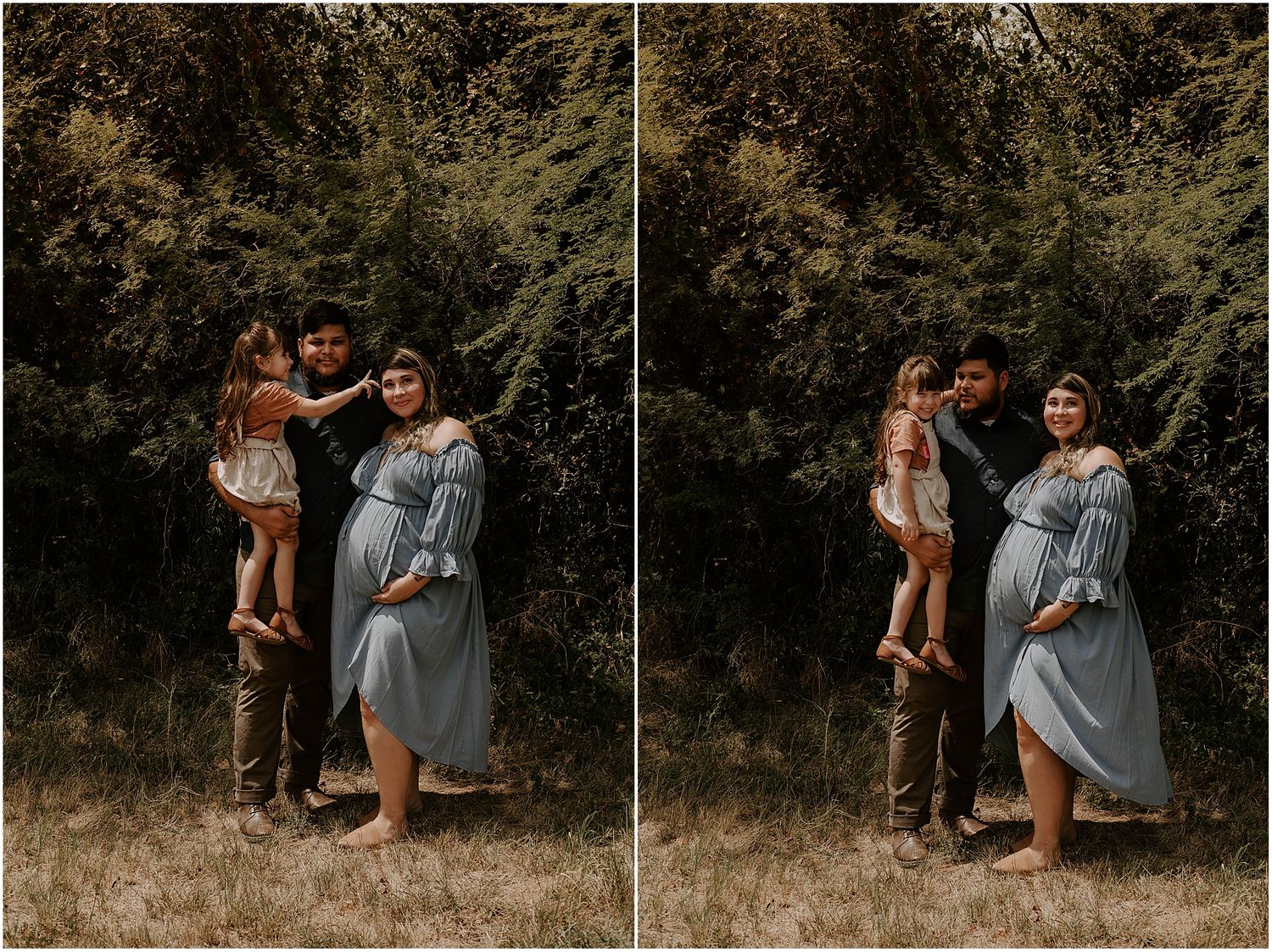 A dreamy outdoor family photoshoot featuring a blue dress and peach outfit against a natural wooded backdrop.