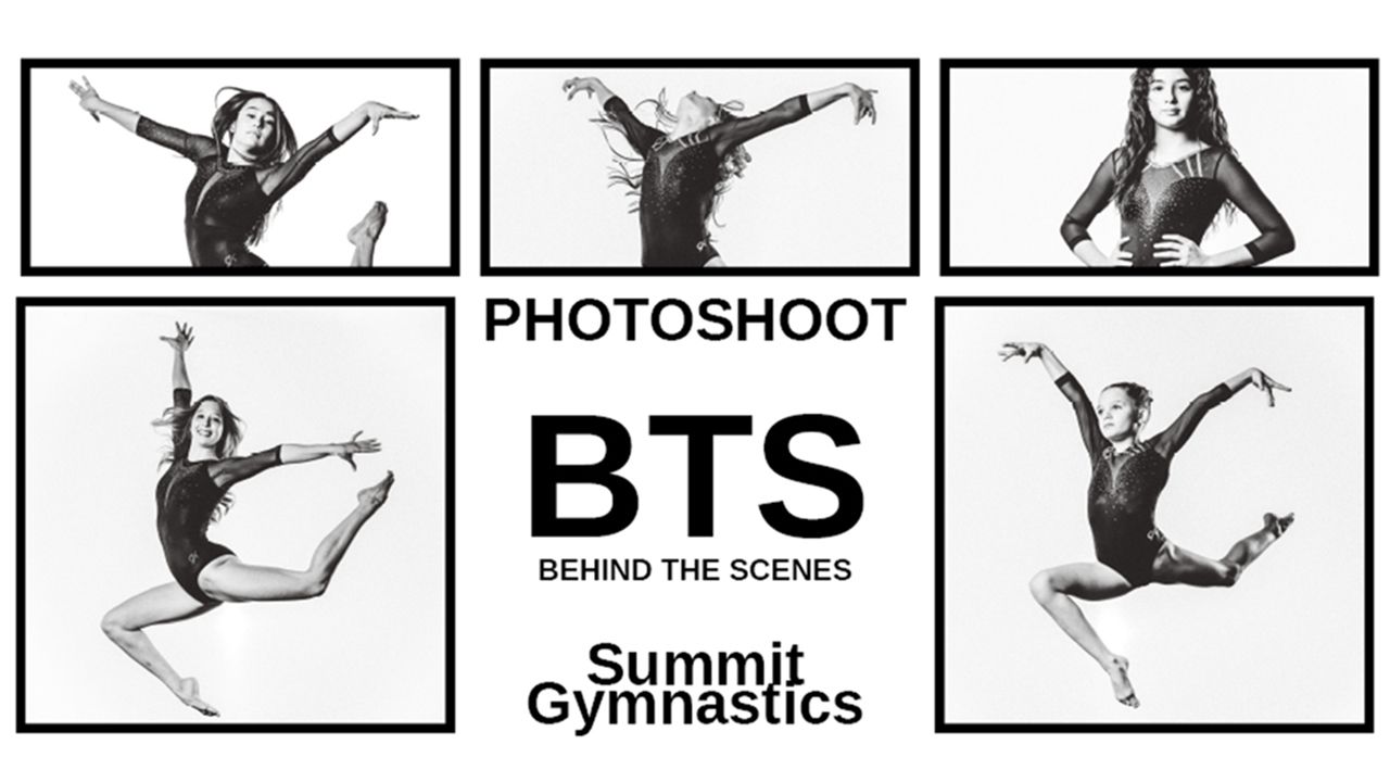 Black and white collage of gymnastics poses with 'Behind the Scenes' text.