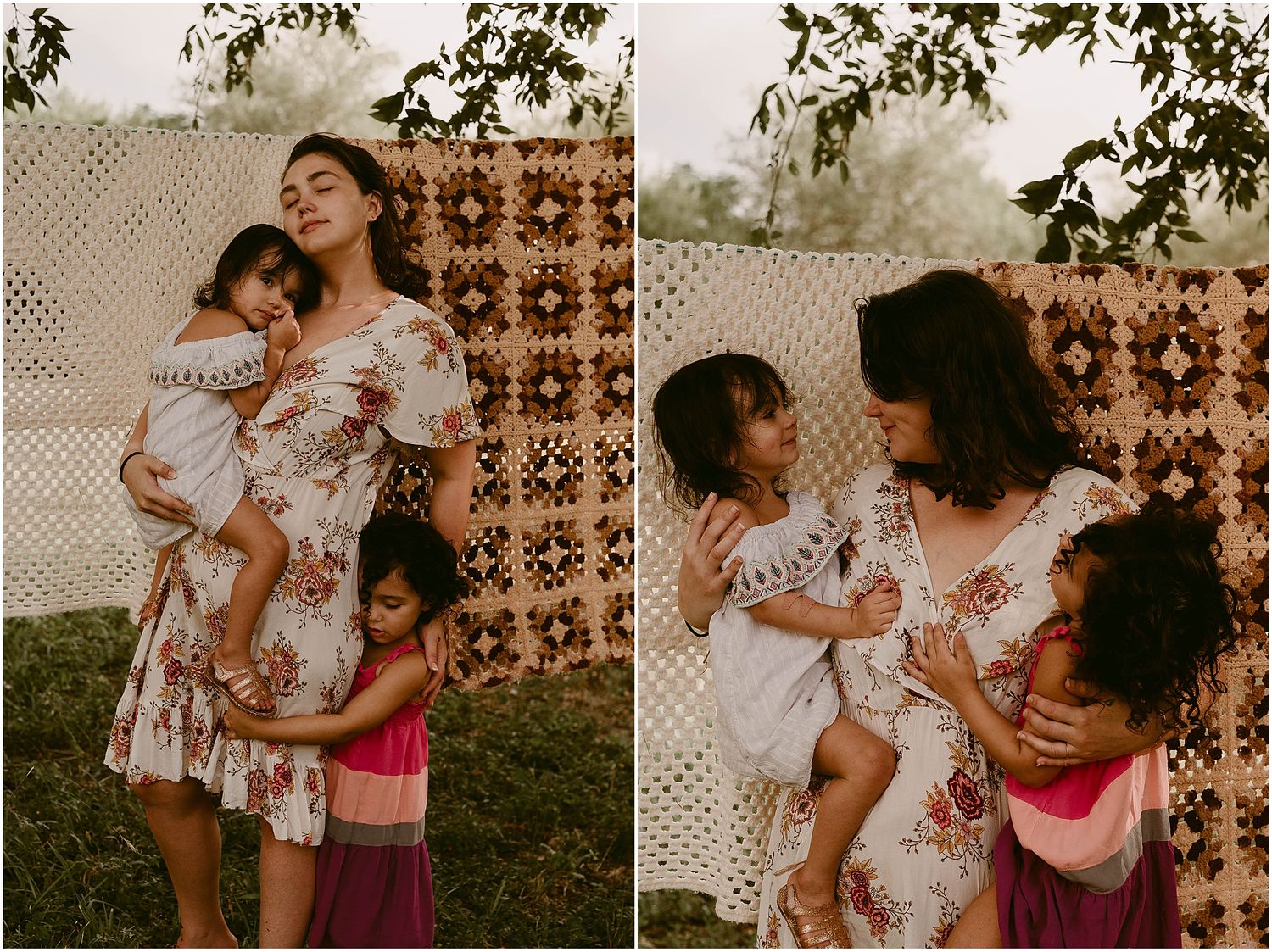 A collection of candid family moments captured against vintage patterned backdrops.