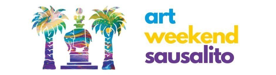 Colorful palm tree logo design with text reading 'art weekend sausalito' in blue yellow and purple lettering.