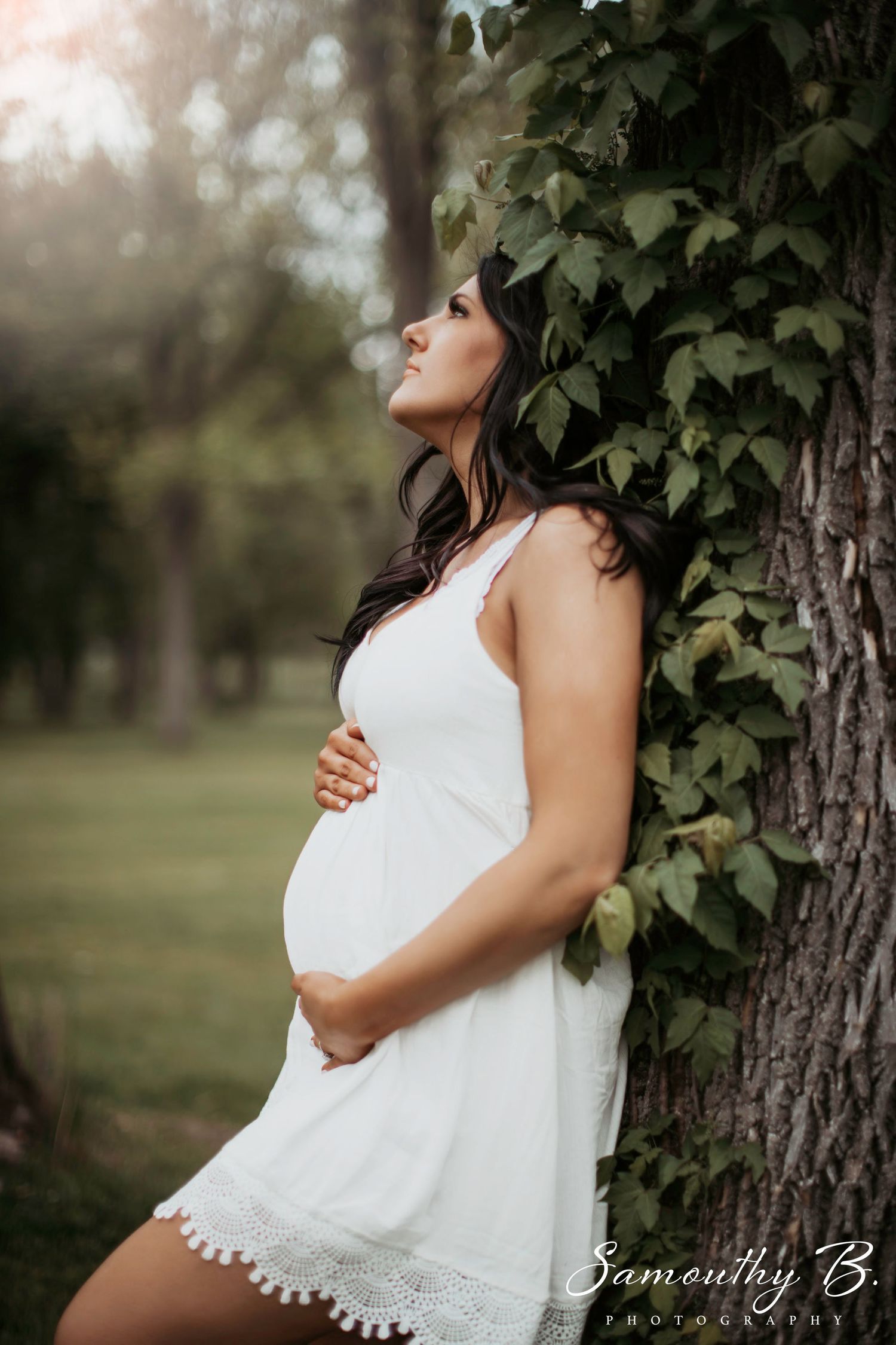 Maternity portrait in white lace dress against ivy-covered tree at sunset.