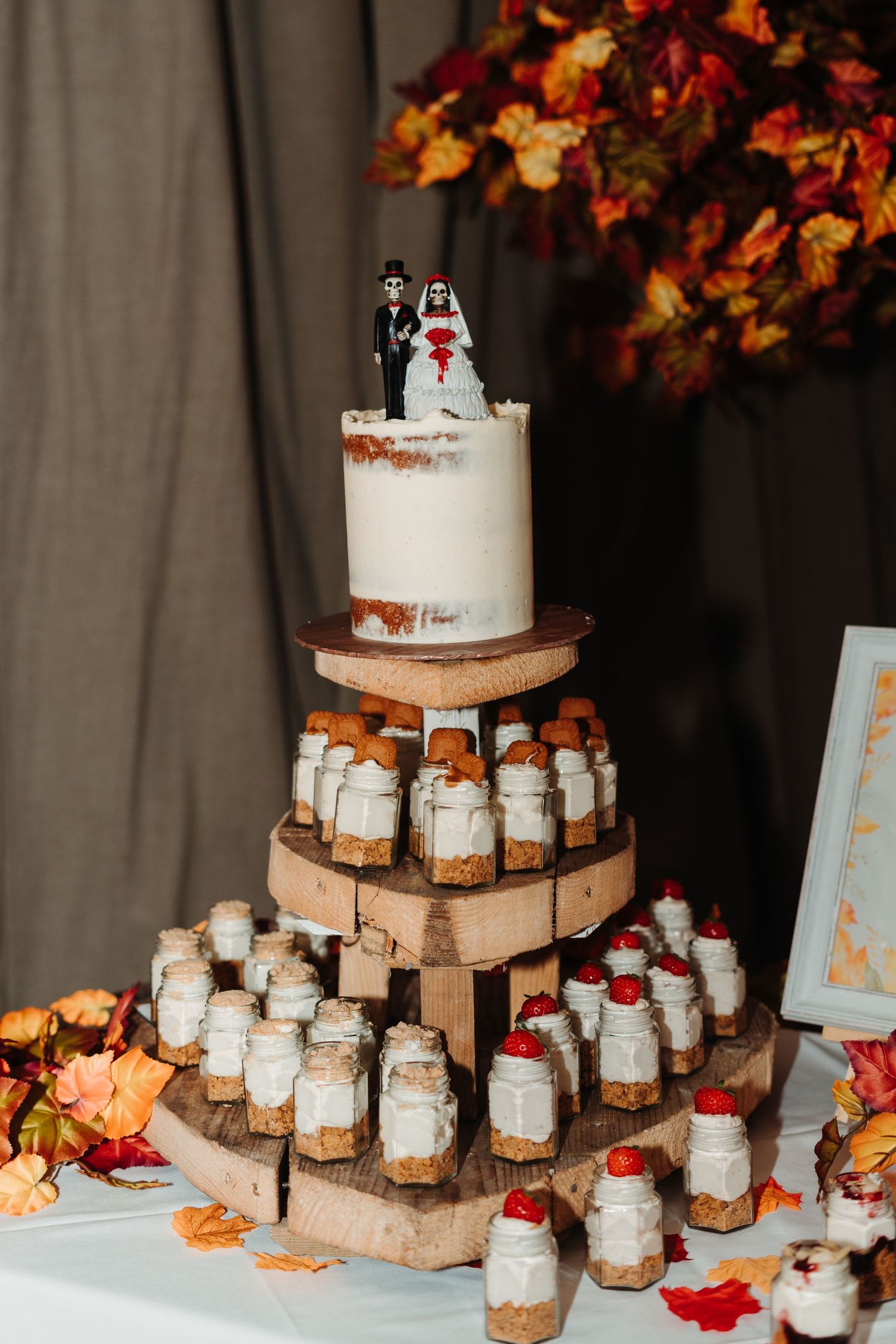 Halloween theme, autumn wedding cake idea with dessert station, wedding photographer yorkshire Emilia Czarnota