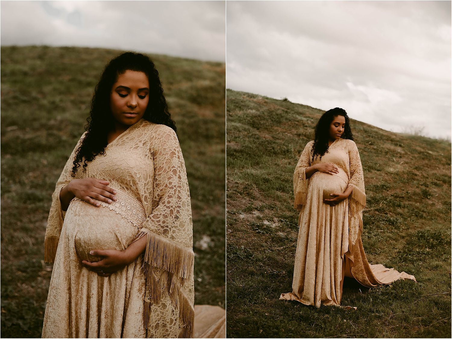 Diptych of maternity portraits featuring beige lace dress against moody hillside.