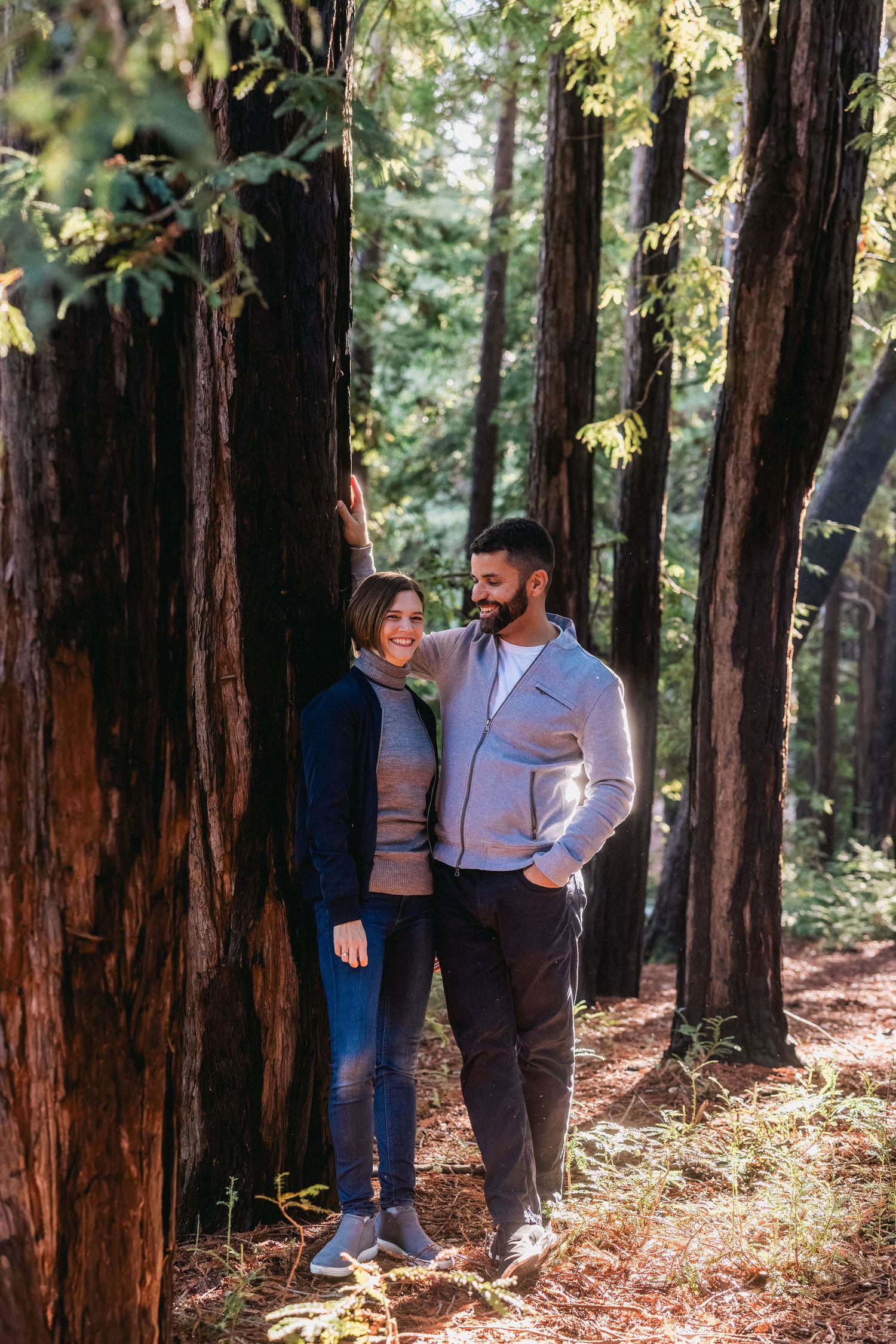 A romantic couple shares a tender moment among tall redwood trees in a sunlit forest.
