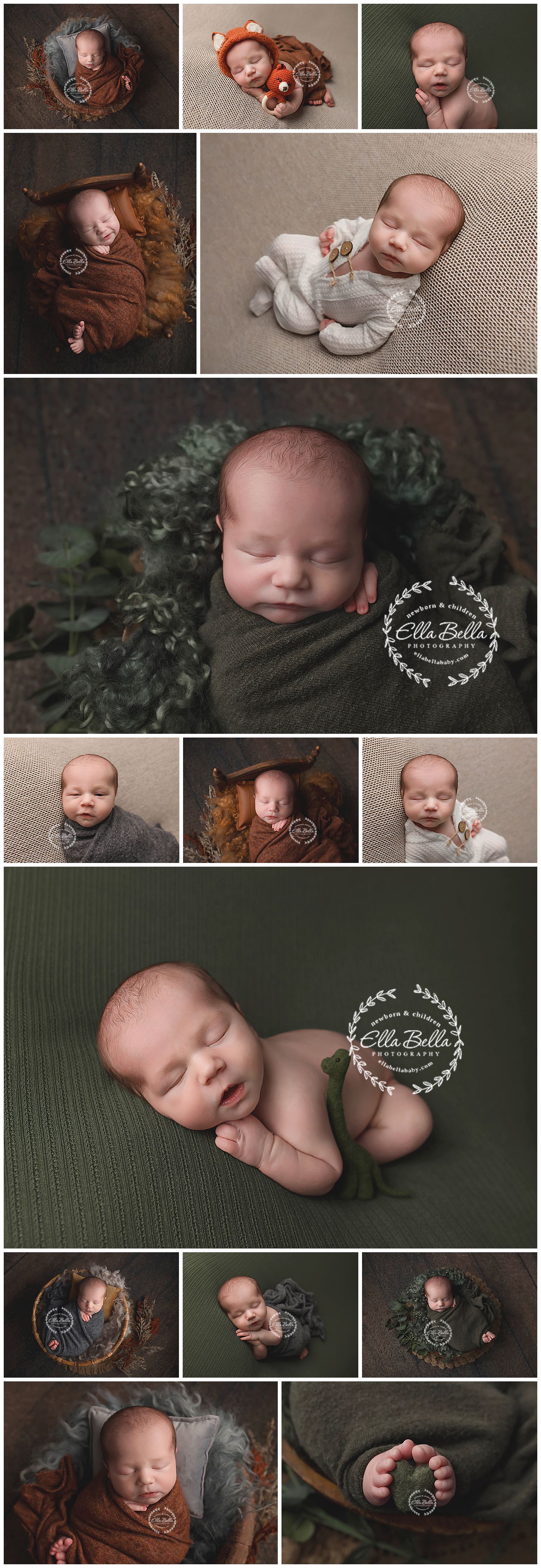 Collection of artistic newborn photos showing baby in various poses with different props and backgrounds.