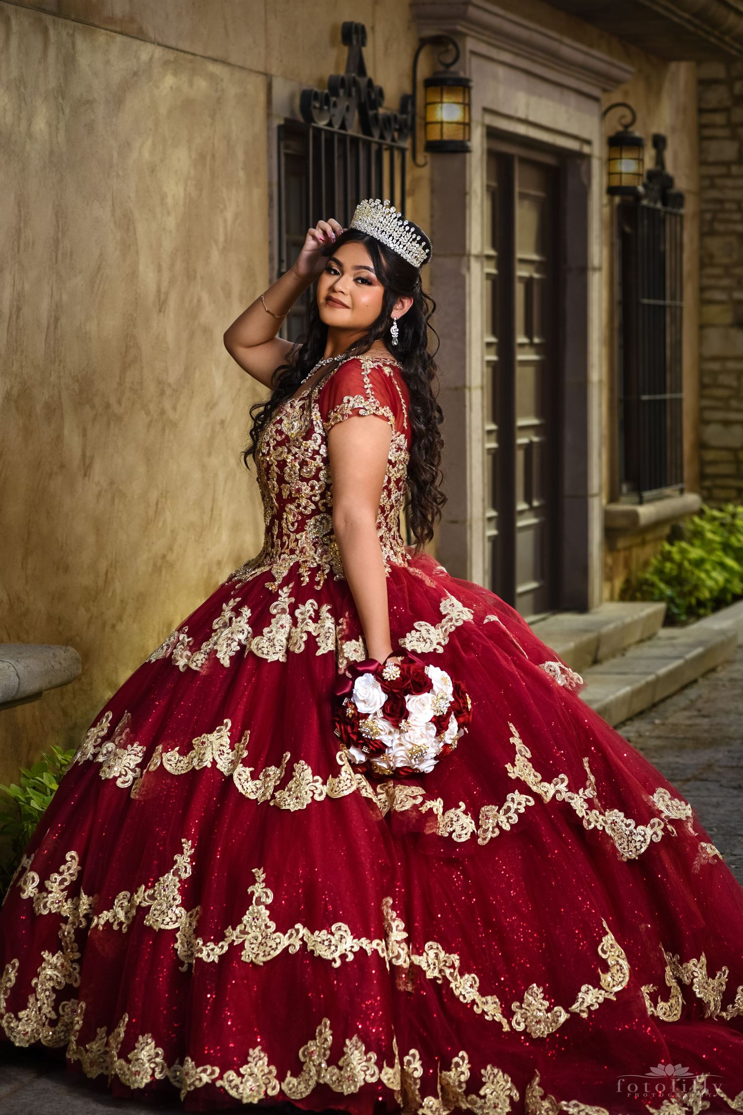 quinceanera photography session in red and gold dress fort worth dallas texas fotolilly photography