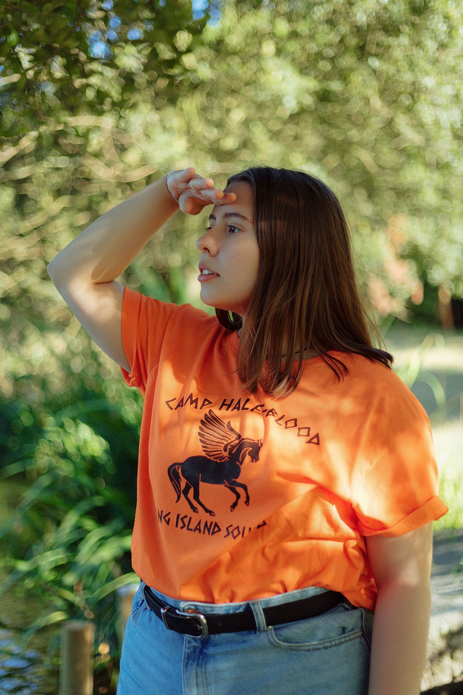 t-shirt laranja percy jackson campo meio sangue livro fantasia floresta lago mitologia deuses gregos
