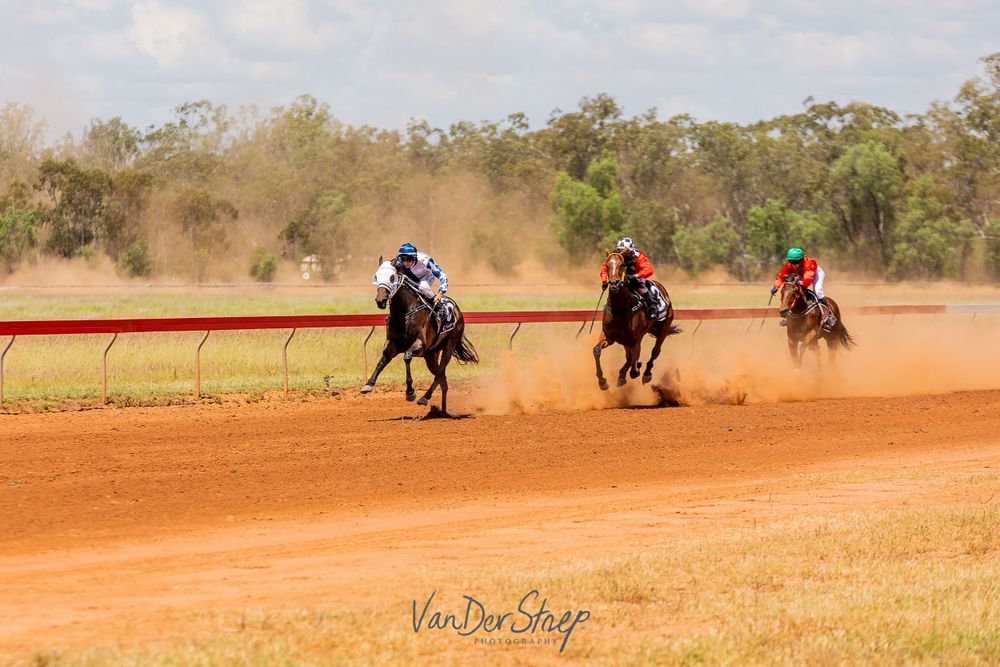 Three horses and riders racing on a dusty dirt track at high speed.