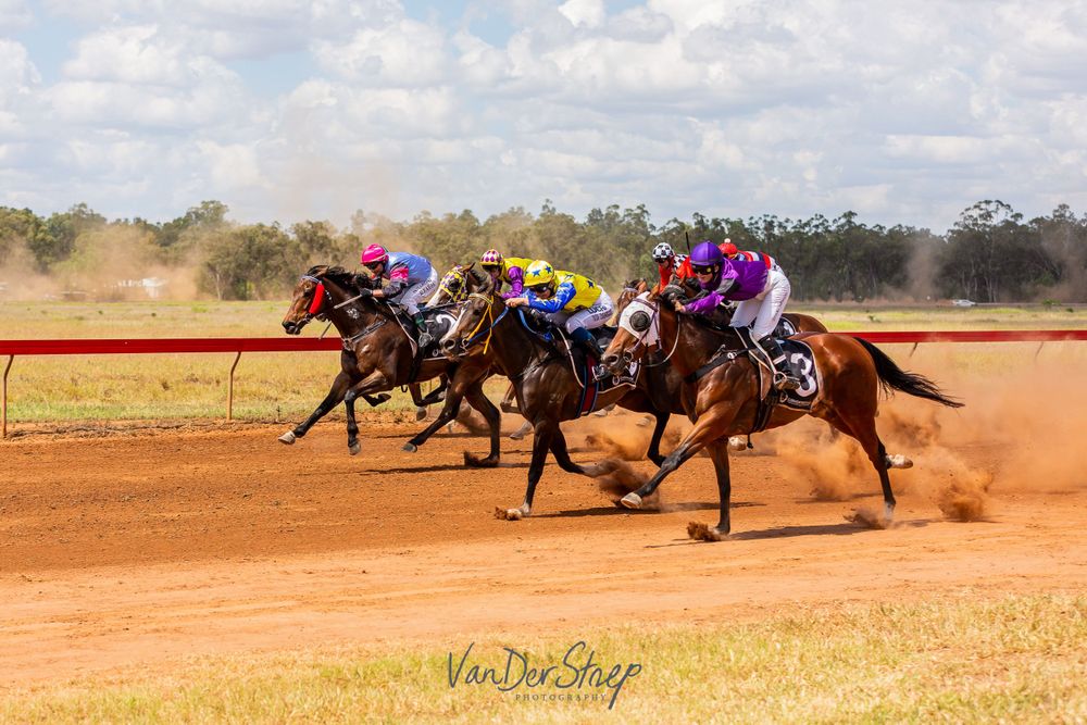 Group of racehorses kicking up dust while competing on dirt track.