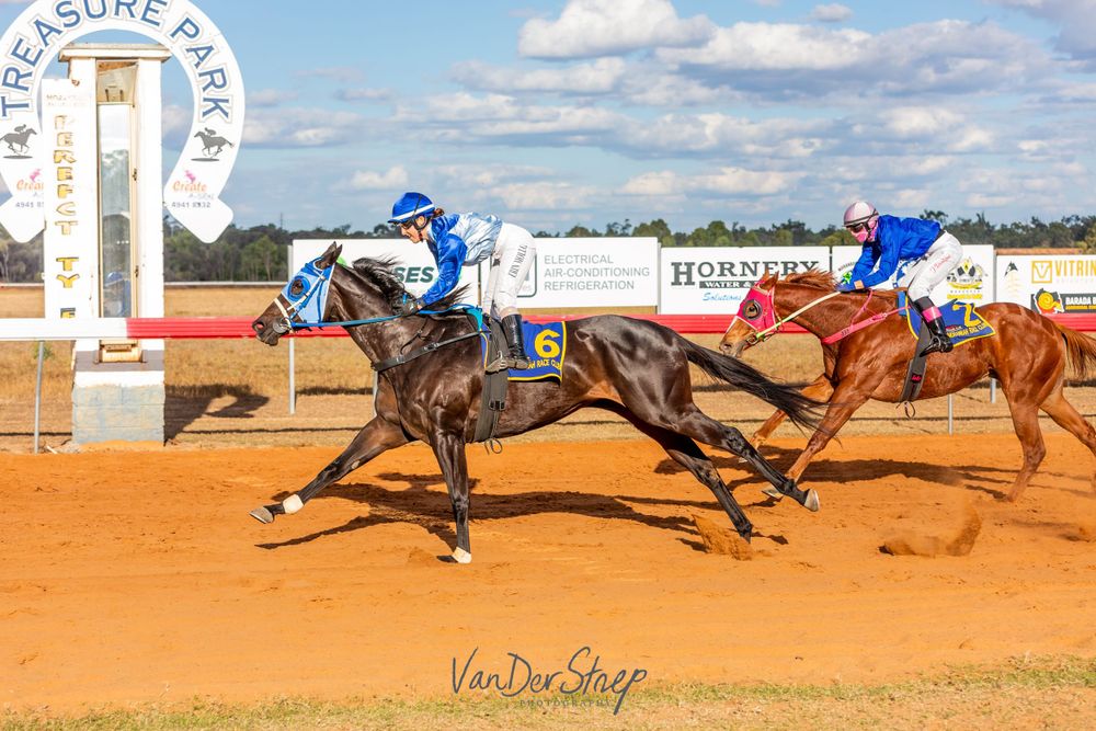 Two horses neck and neck in competitive race on dirt track.