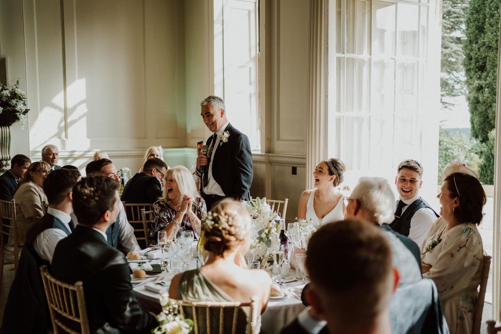 fun speeches at Chicheley Hall wedding, captured in documentary wedding photography with an editorial touch
