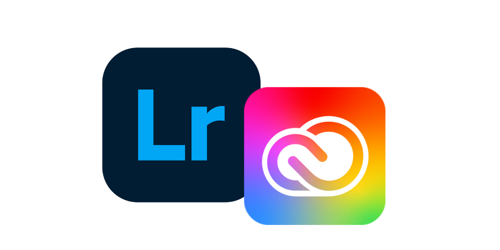 Adobe Lightroom and Creative Cloud logos combining blue 'Lr' text with rainbow cloud icon.