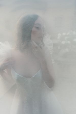 A sillouette of a bride through her Psaltery veil.