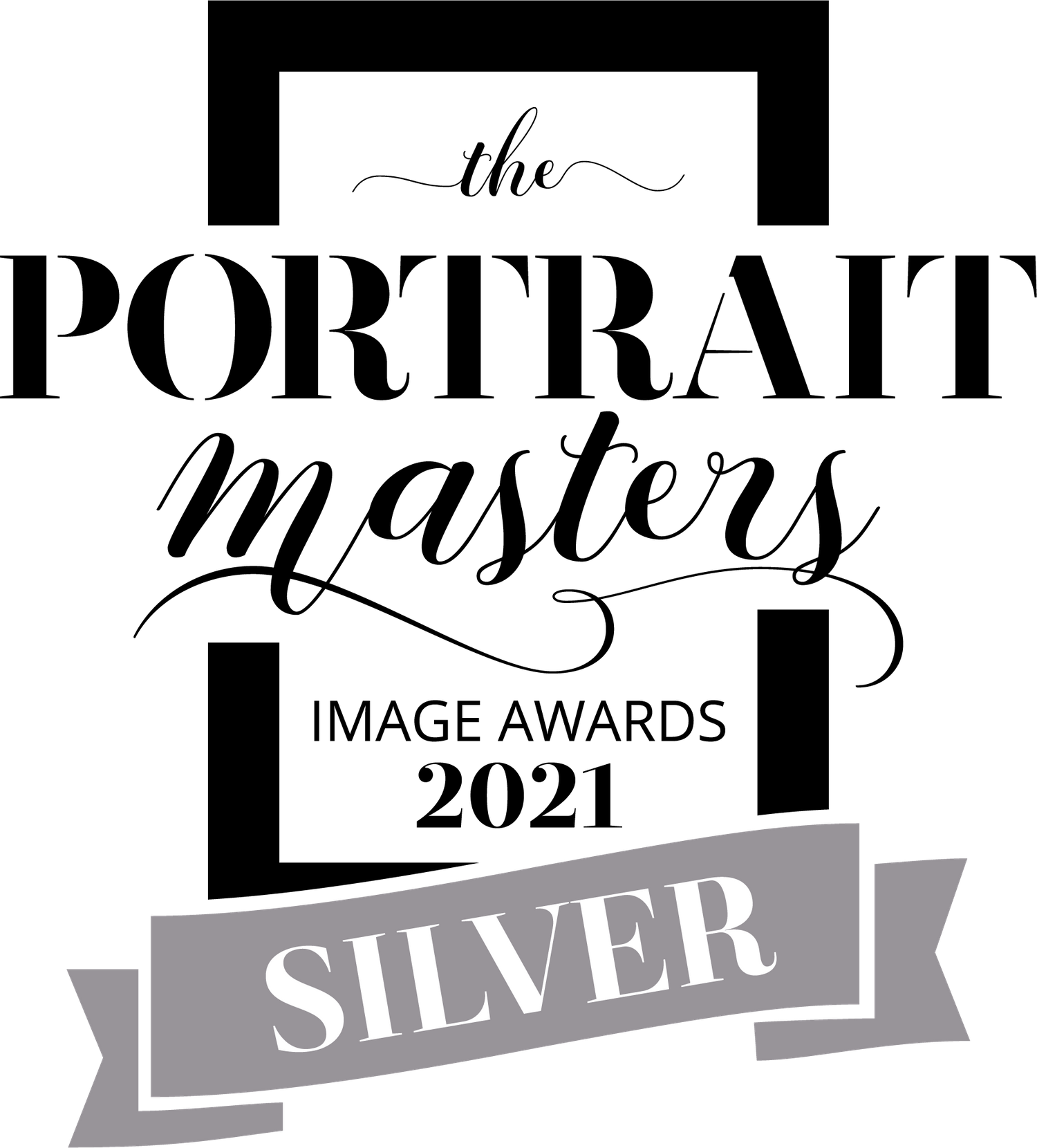 Silver award badge with ribbon banner on black background.