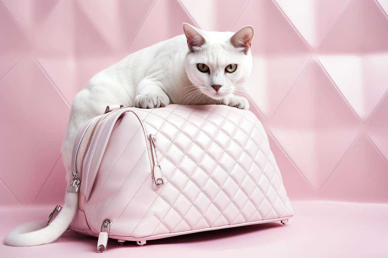 White cat lounging on top of a quilted pink handbag.