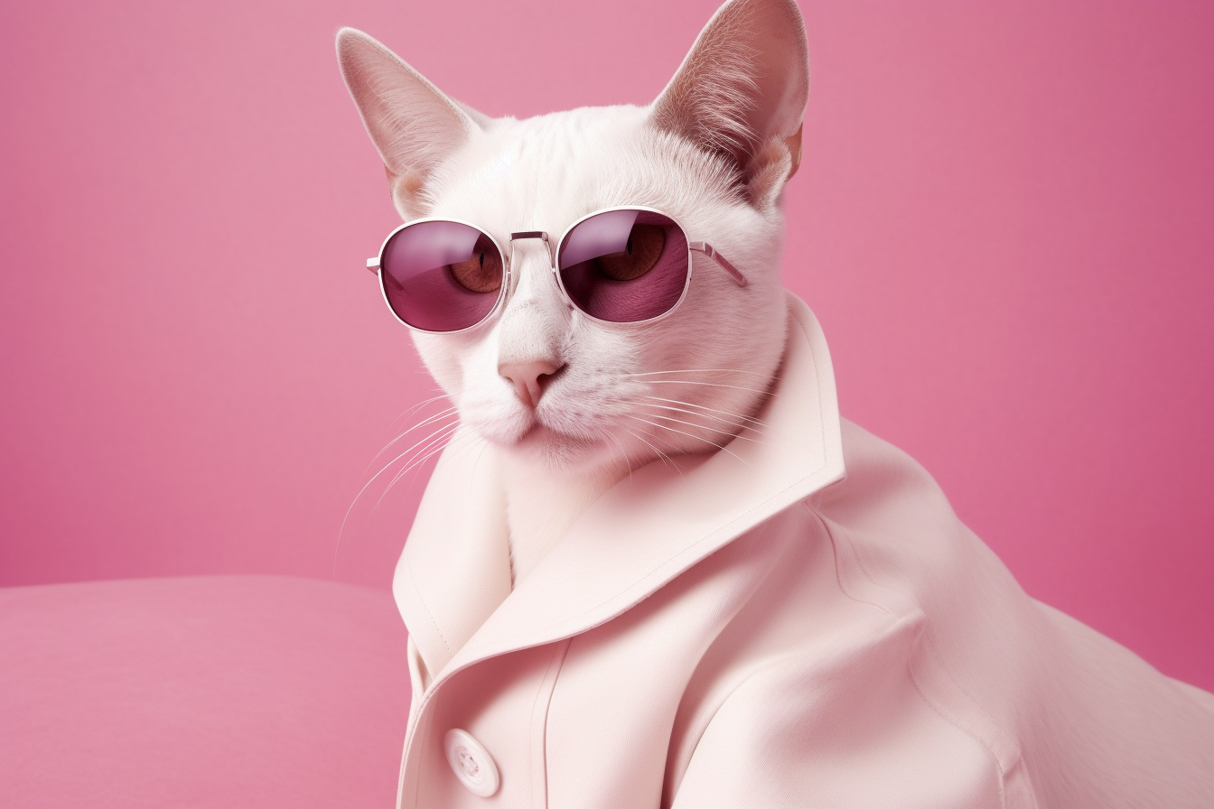 White cat wearing sunglasses and a pink jacket against a pink background.