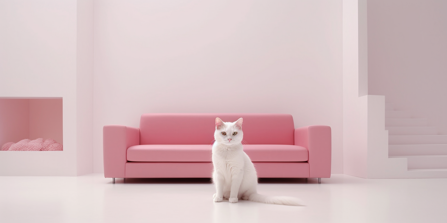 White cat sitting in front of a pink sofa in a minimalist white room.