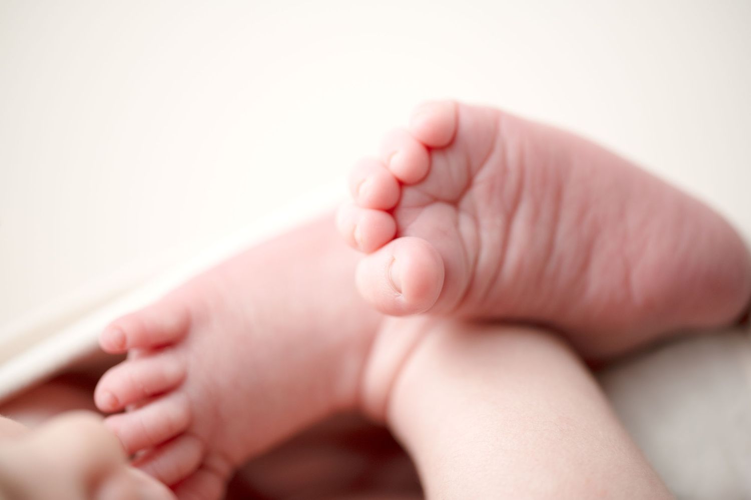 Close-up of tiny baby feet with soft pink skin tone.