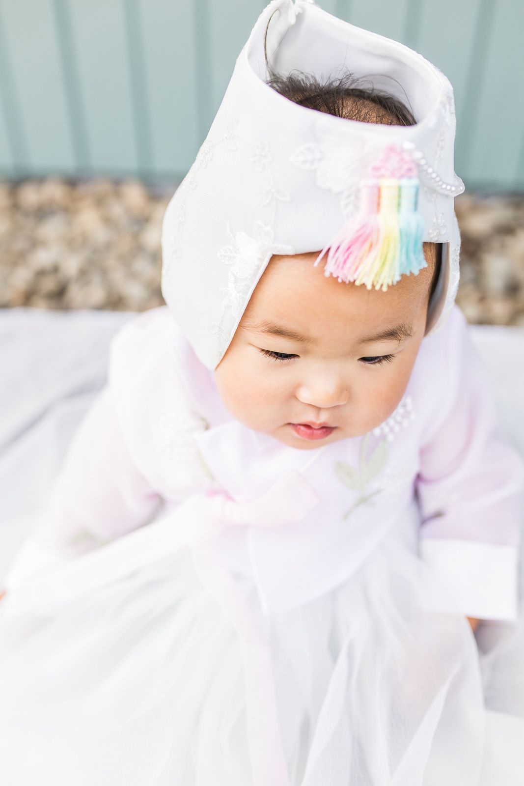 One year old girl in her traditional hanbok in Shoreline