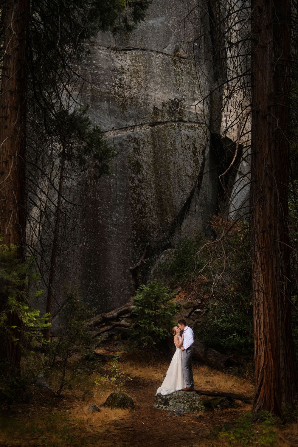Bride and Groom with granite walls and trees for Yosemite Elopement