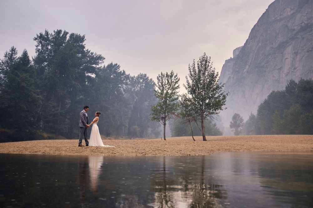 Bride and Groom on Yosemite Beach for Yosemite Elopement